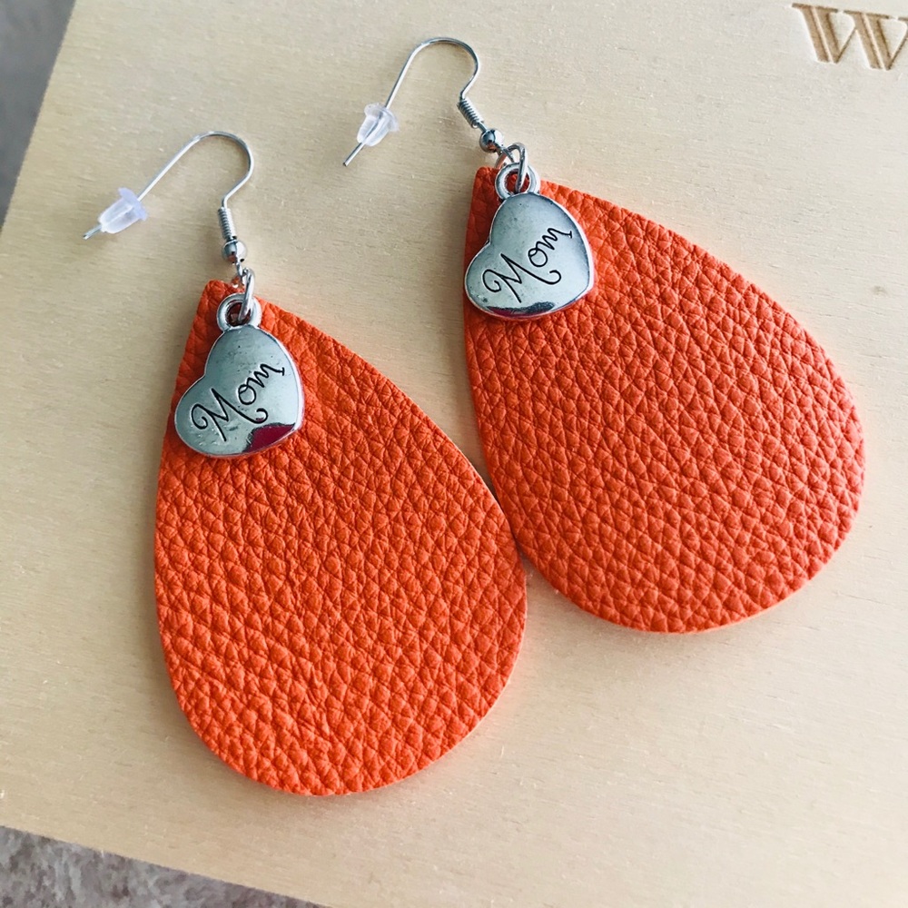 Leather “mom” earring with silver charm